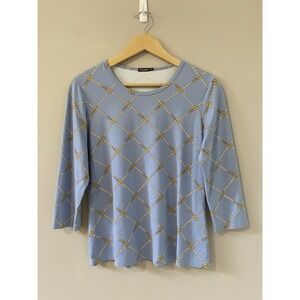 J.McLaughlin Catalina Cloth Top‎ MEDIUM Blue Chain Link Trellis Print 3/4 Sleeve